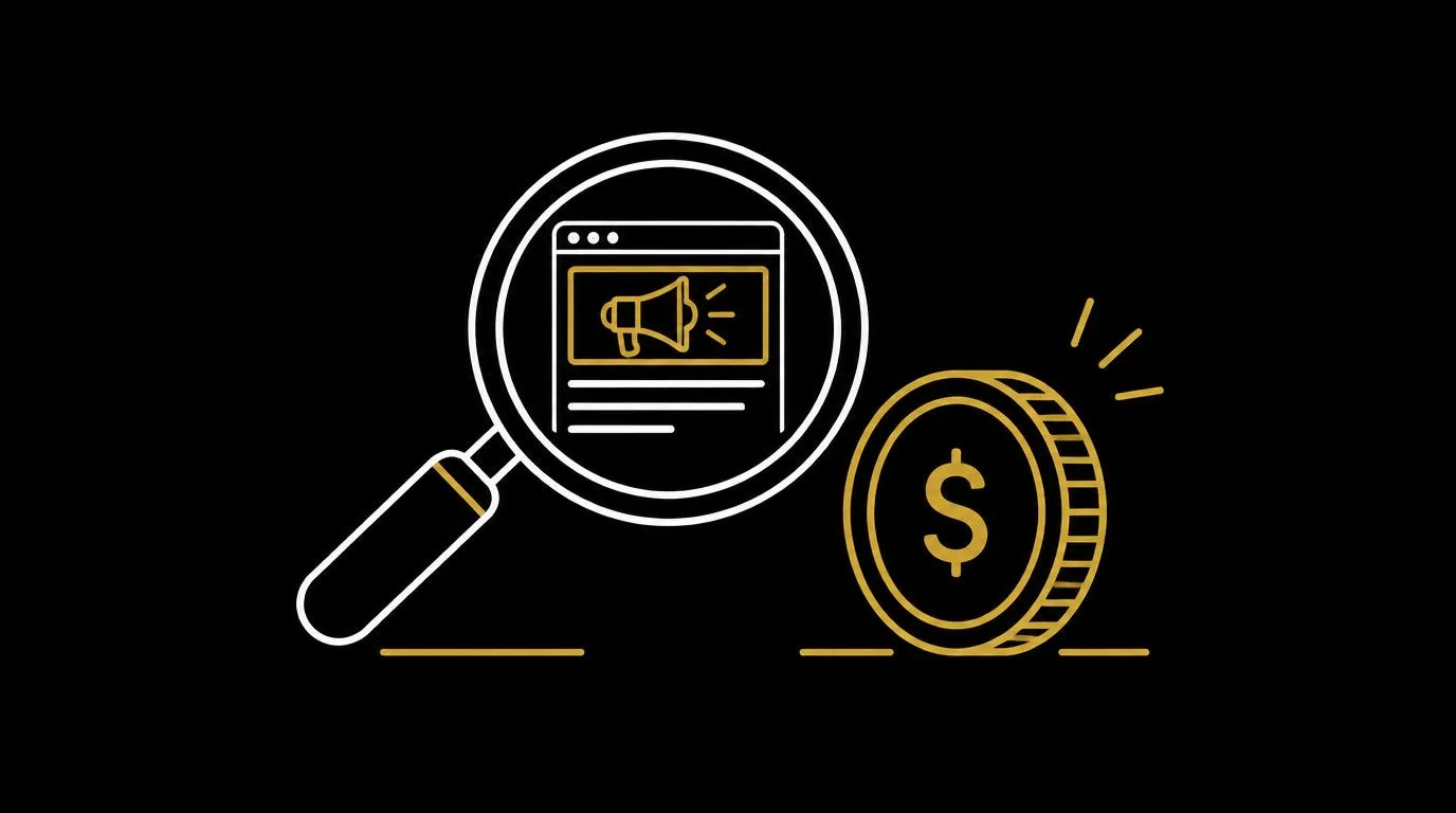 How private search engines make money - magnifying glass with a contextual ad beside a gold coin