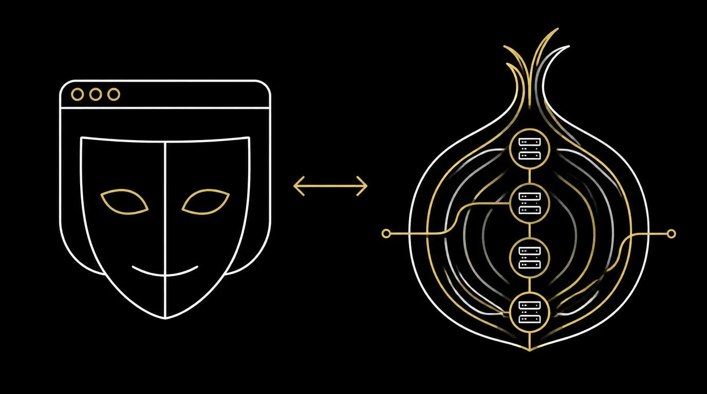 Incognito mode versus Tor comparison with a privacy mask beside a layered onion network