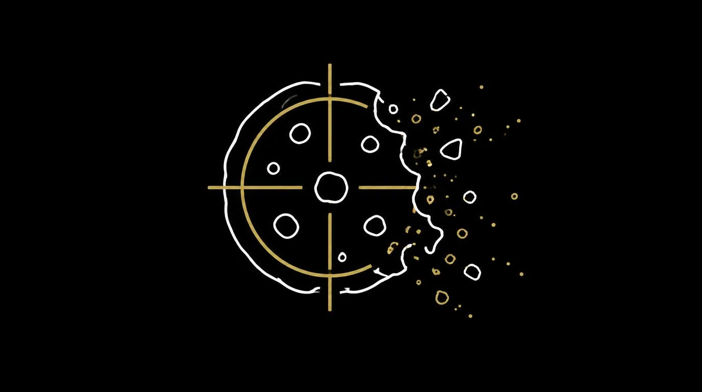 Tracking cookies illustrated as a cookie under a crosshair dissolving into crumbs